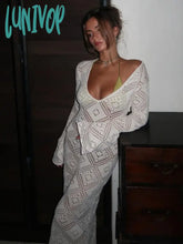 Lunivop Knit Hook Flower Hollow Deep V Sweater Dress Beachwear Holiday Outfits For Women Elegant